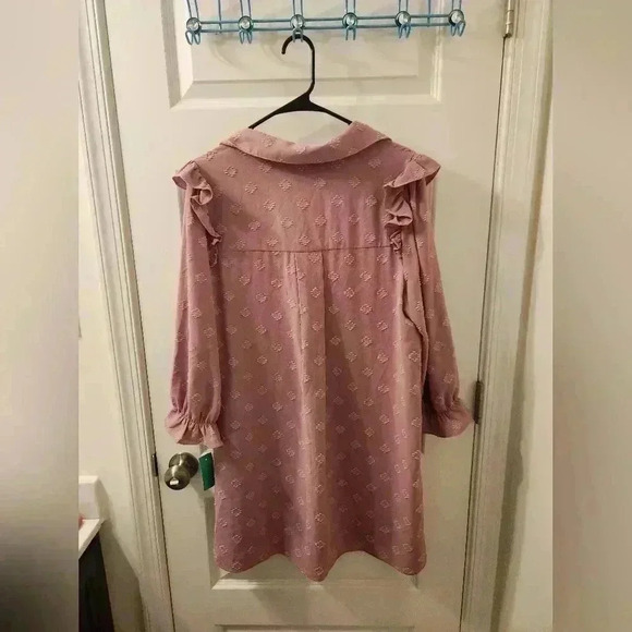 Joy Joy Pink Textured Dress NWT Size L V Neck Long Sleeve Ruffles #V507 - Picture 3 of 5
